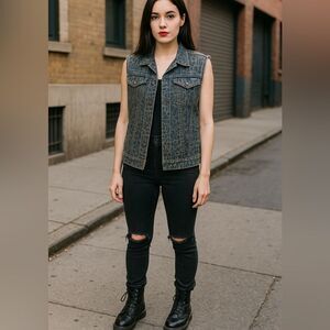 Kill City Denim Denim Vest w/ Cheetah Print Punk Goth Vest sz M